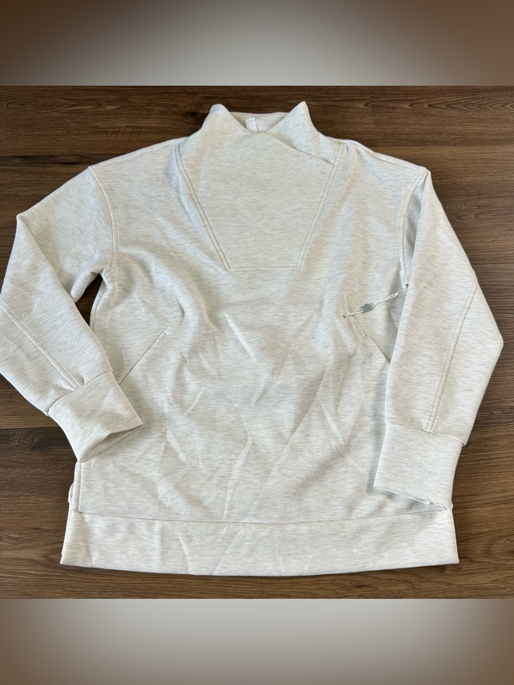Zella Cross Front Mock Neck Sweatshirt Beige Small Scuba Knit Pullover Pocket